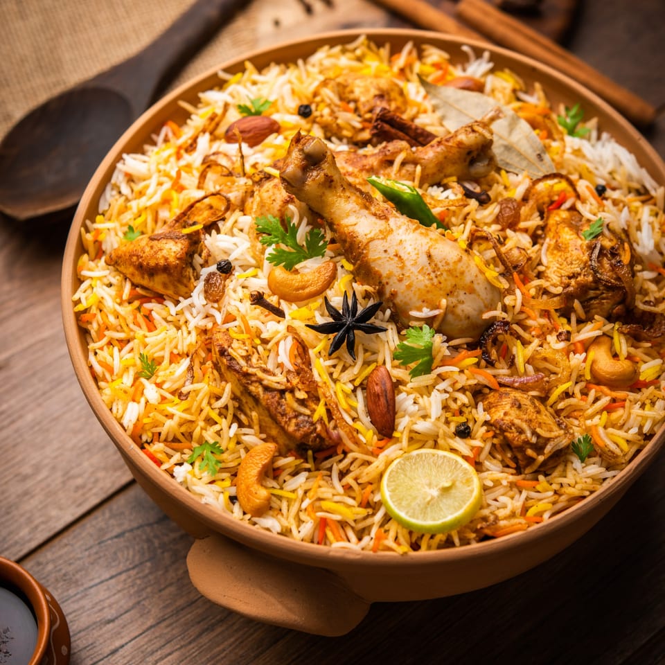 A large bowl of Indian chicken biryani with rice, spices, nuts, and a lime wedge.