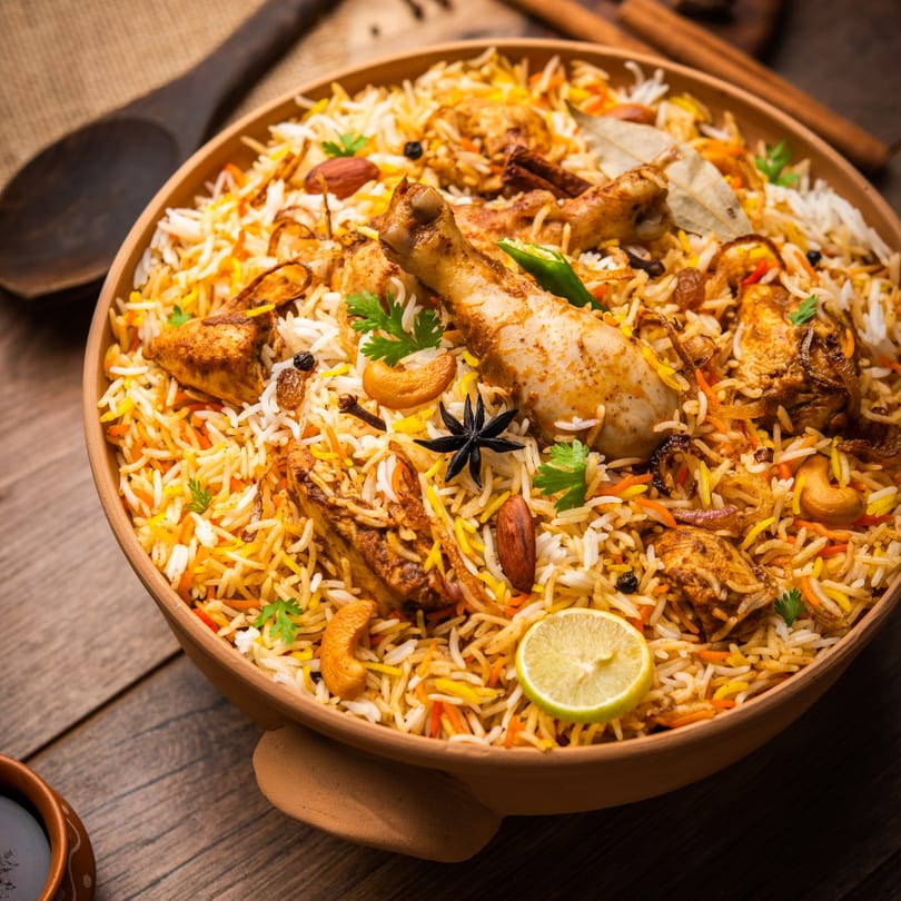 A large bowl of Indian chicken biryani with rice, spices, nuts, and a lime wedge.