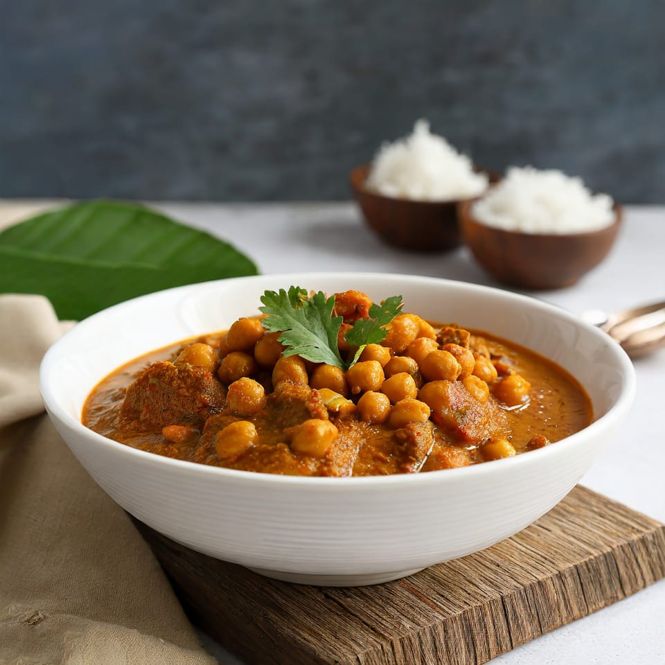 A white bowl of Indian chickpea and meat curry, garnished with cilantro, served with rice.