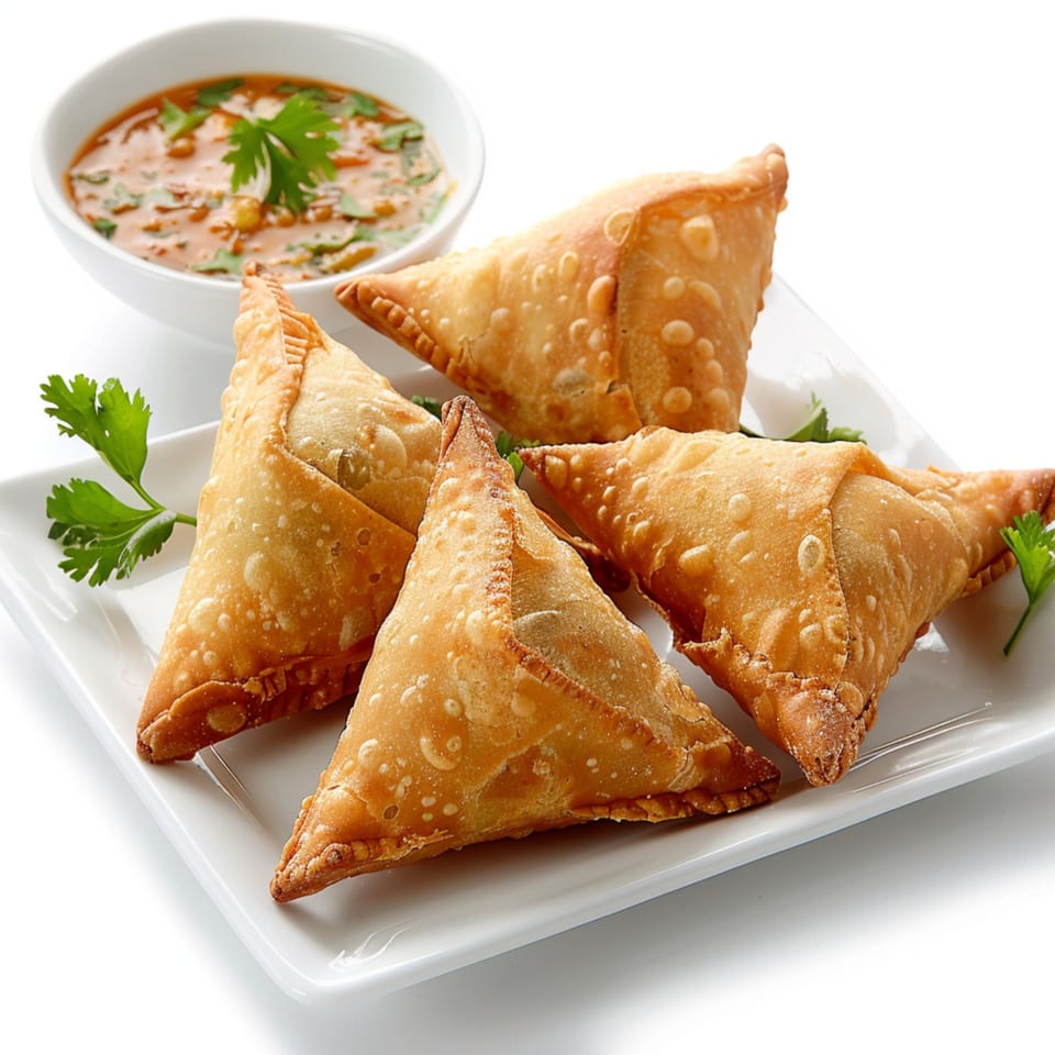 Golden-brown Indian samosas garnished with cilantro, served on a white plate with a side of dipping sauce.